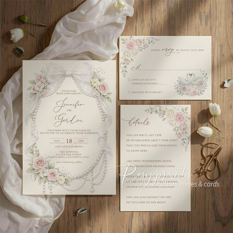 elegant pink yellow floral and pearls wedding invitations