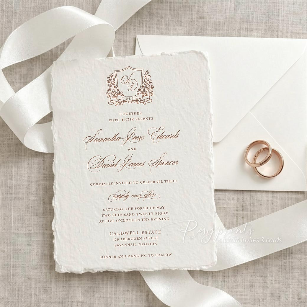 wild flower crest letterpress printing wedding invitations ROSYL16