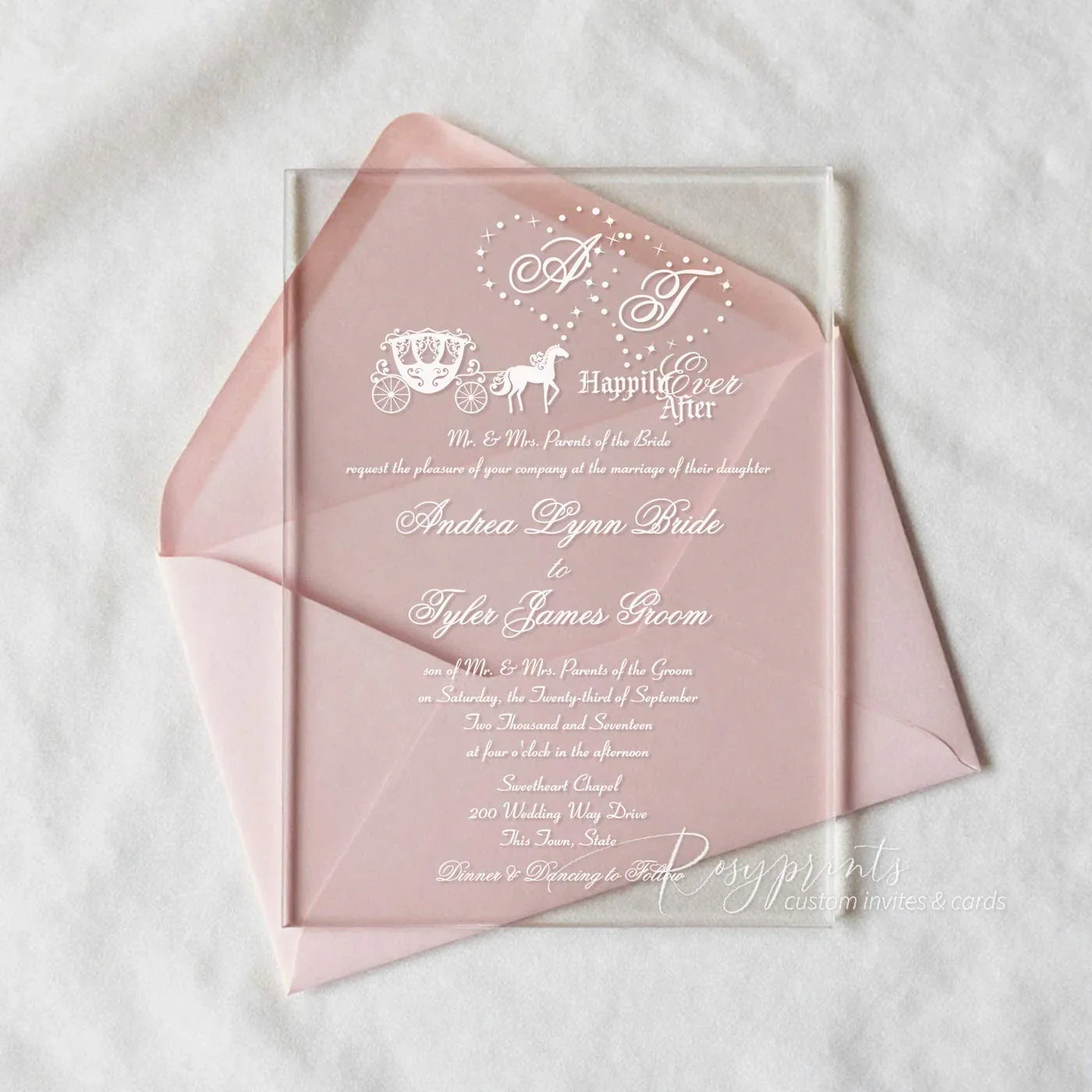 Fairytale Cinderella clear acrylic wedding invites with blush pink envelope