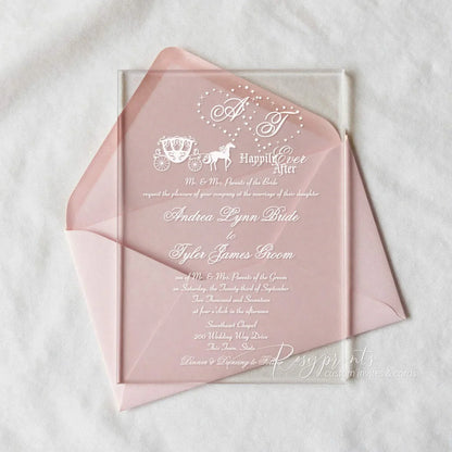 Fairytale Cinderella clear acrylic wedding invites with blush pink envelope