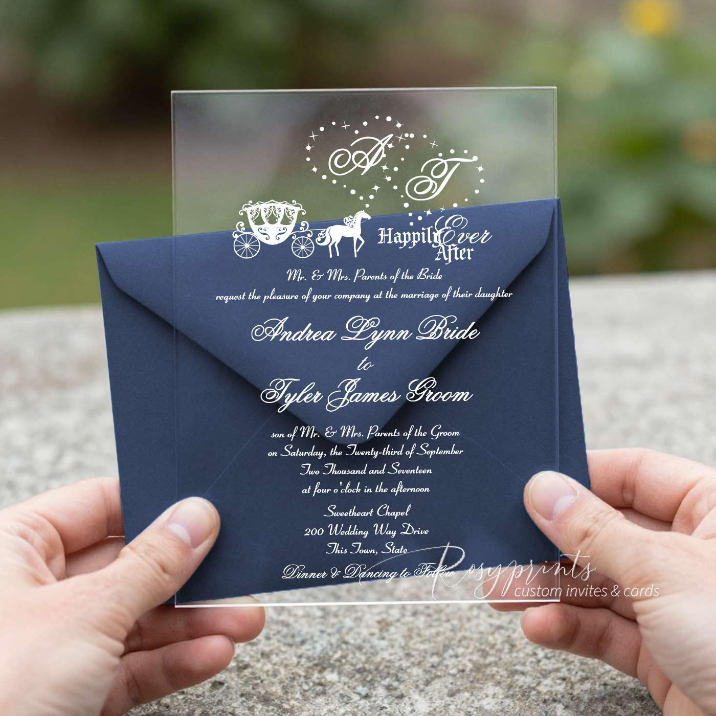 Fairytale Cinderella clear acrylic wedding invites with navy blue envelope
