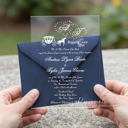 Fairytale Cinderella clear acrylic wedding invites with navy blue envelope