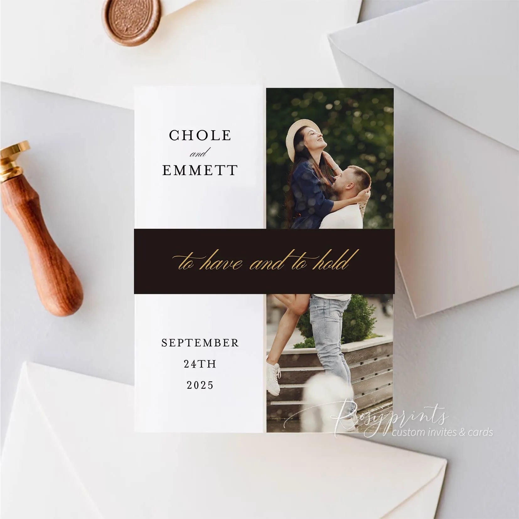 Gatefold Black & White Wedding Invitation w/ Photo, All-in-One