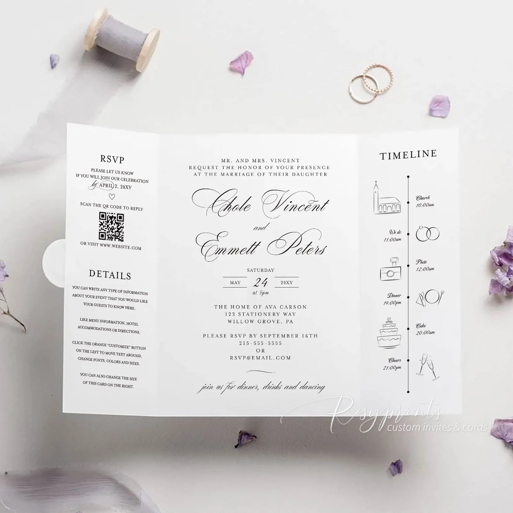 Gatefold Black & White Wedding Invitation w/ Photo, All-in-One