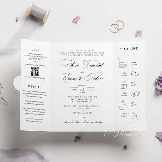 Gatefold Black & White Wedding Invitation w/ Photo, All-in-One