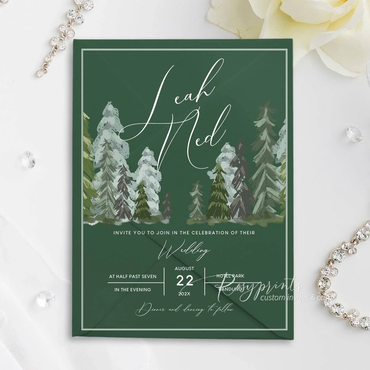 forest green mountain pines acrylic wedding invitations