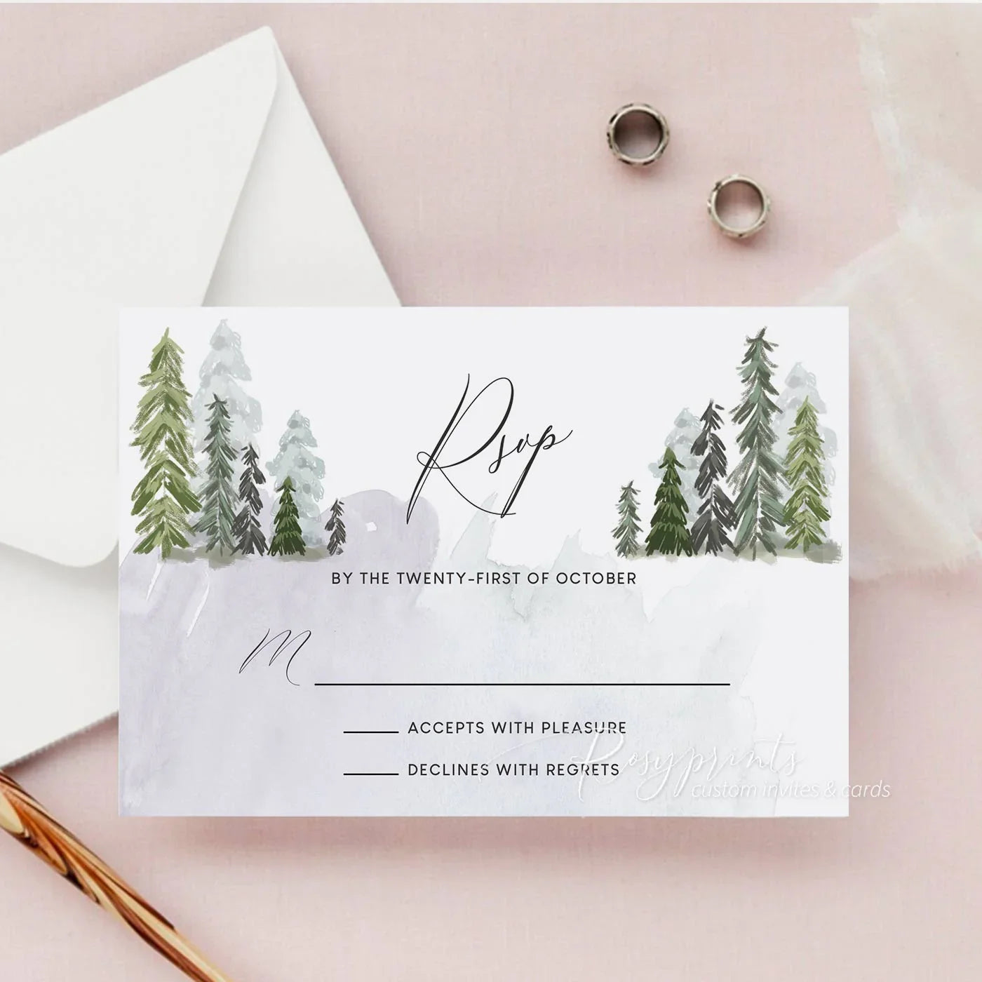 forest green mountain pines acrylic wedding invitations