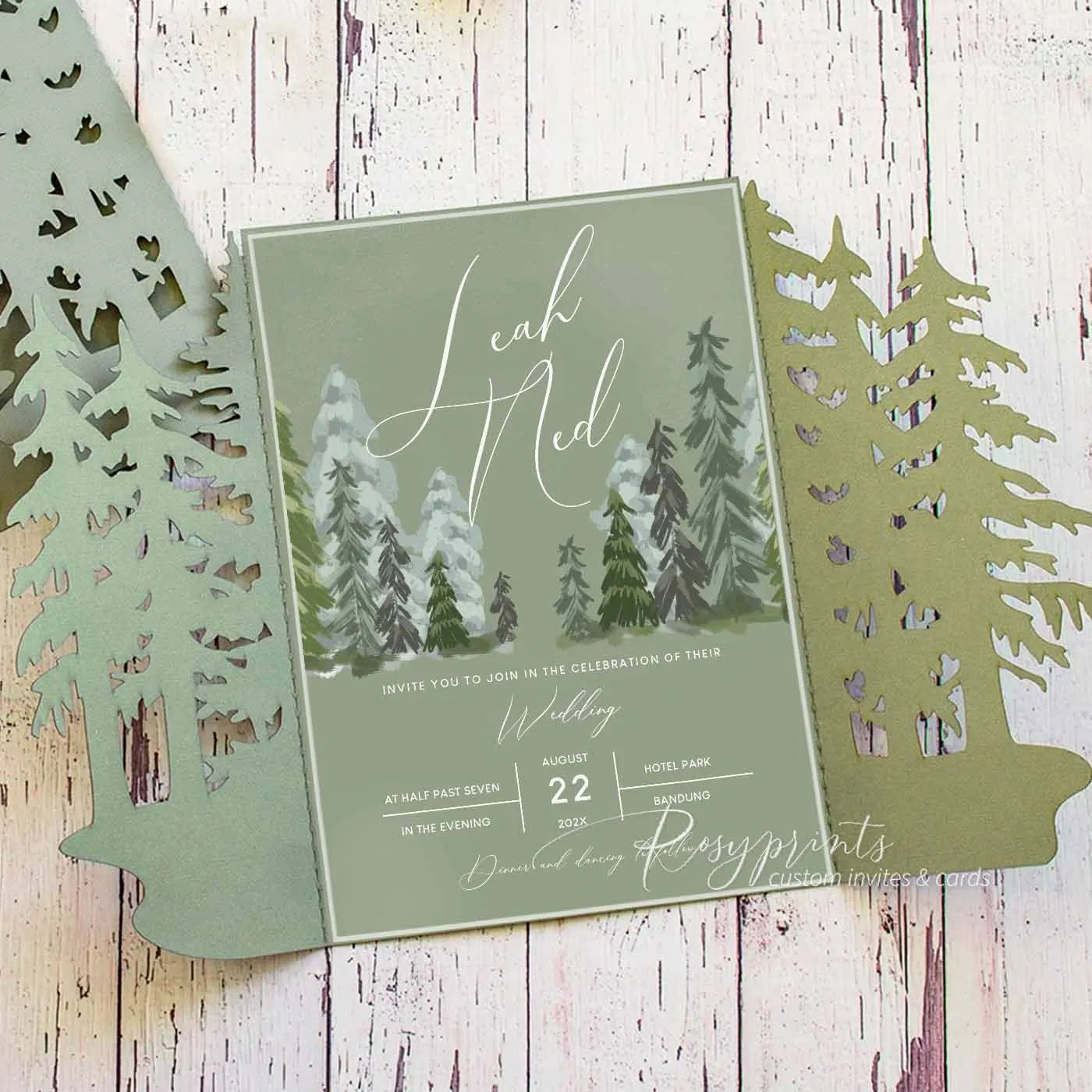 forest green mountain pines acrylic wedding invitations