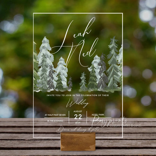 forest green mountain pines acrylic wedding invitations