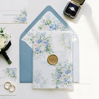 French blue white and green flower vellum wedding invitations