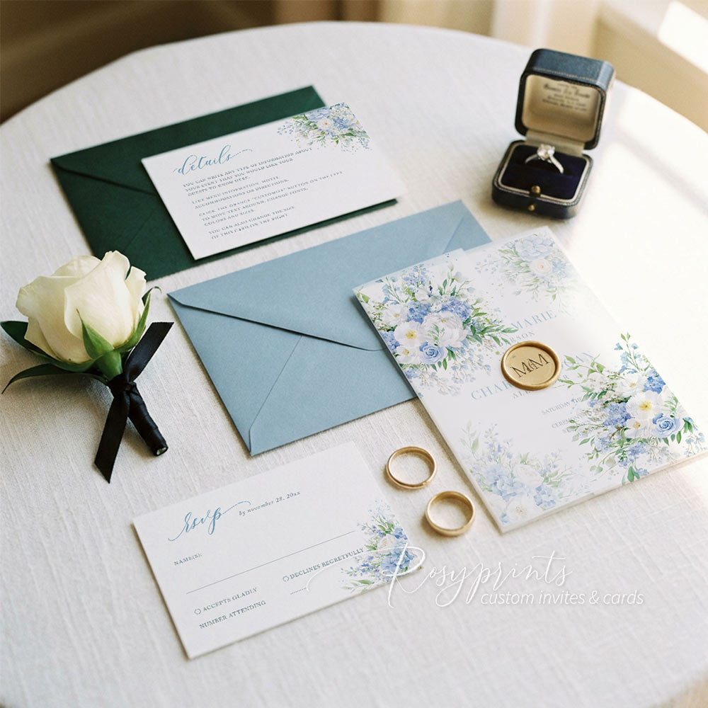 French blue white and green flower vellum wedding invitations
