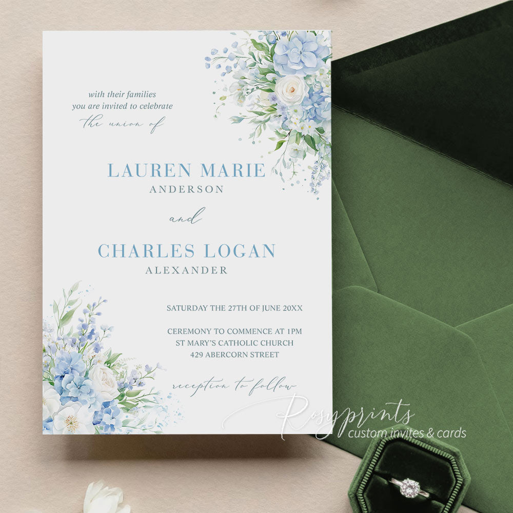 French blue white and green flower vellum wedding invitations