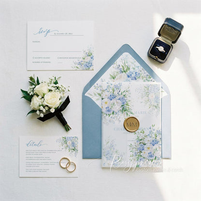 French blue white and green flower vellum wedding invitations