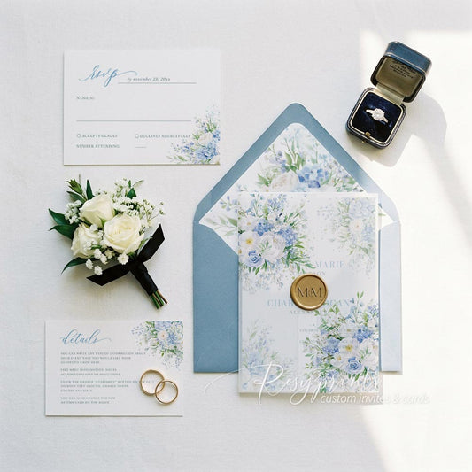 French blue white and green flower vellum wedding invitations