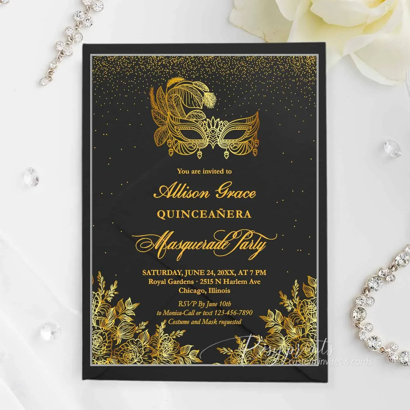Gold Foil Quinceanera Masquerade Party Acrylic Invitations