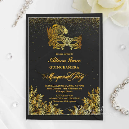 Gold Foil Quinceanera Masquerade Party Acrylic Invitations