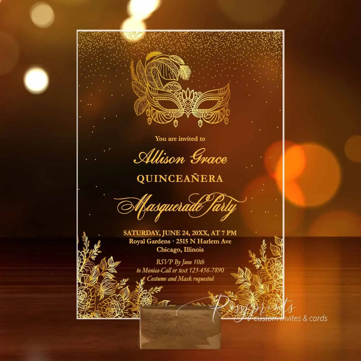 Gold Foil Quinceanera Masquerade Party Acrylic Invitations