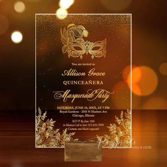 Gold Foil Quinceanera Masquerade Party Acrylic Invitations