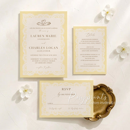 ivory lace butter yellow swan vintage wedding card