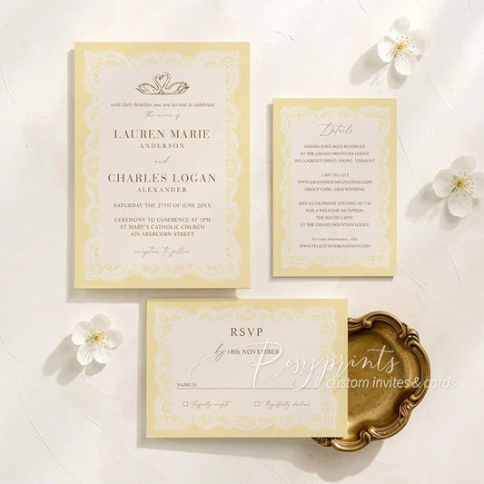 ivory lace butter yellow swan vintage wedding card