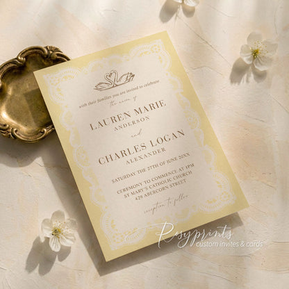 ivory lace butter yellow swan vintage wedding card
