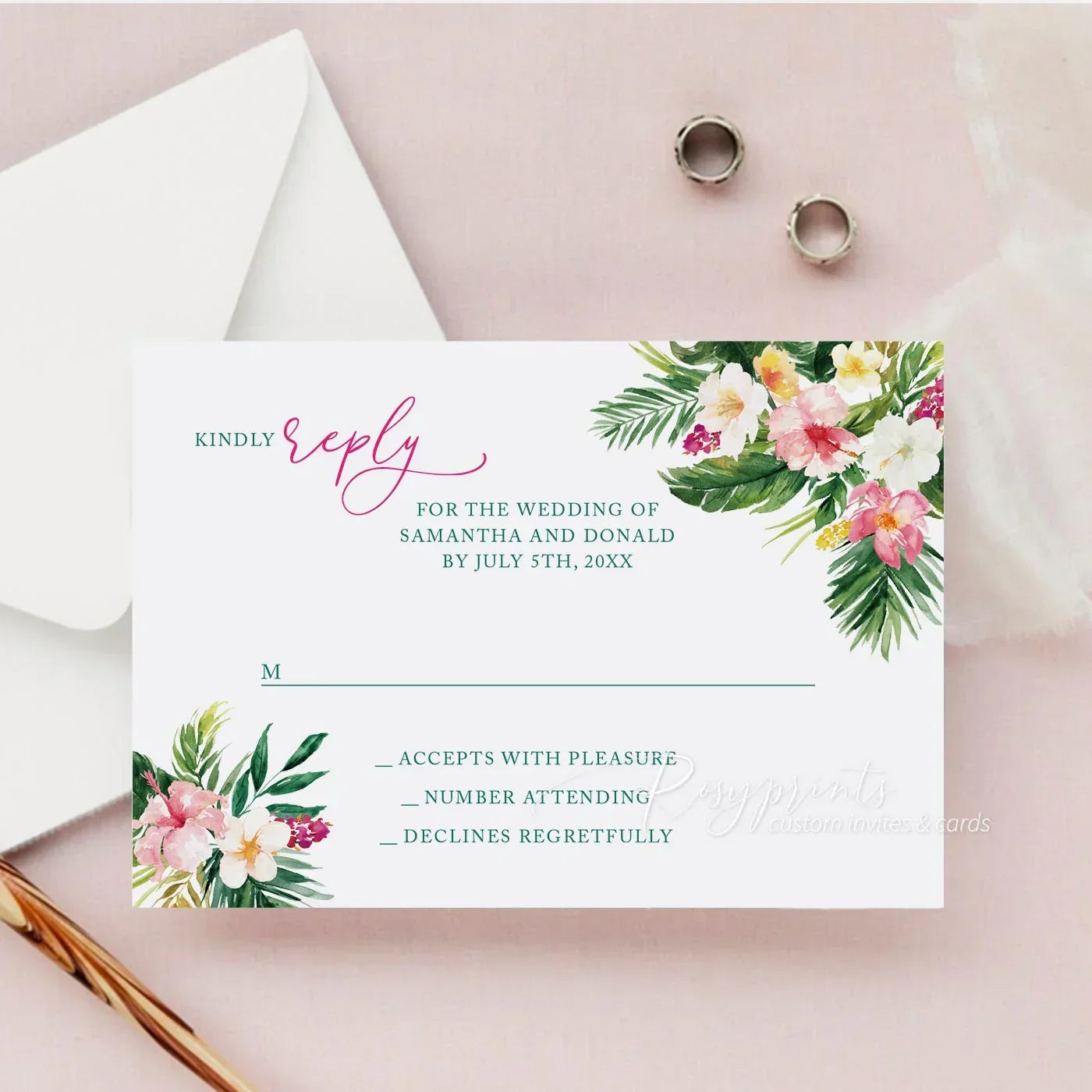 tropical pink flowers and greenery acrylic wedding invitations