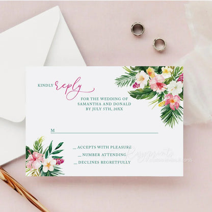 tropical pink flowers and greenery acrylic wedding invitations