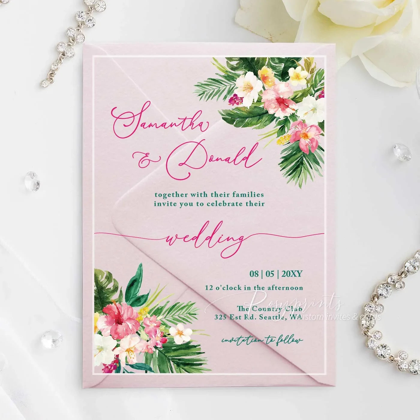 tropical pink flowers and greenery acrylic wedding invitations