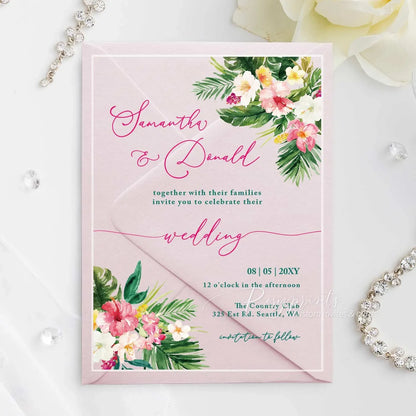 tropical pink flowers and greenery acrylic wedding invitations