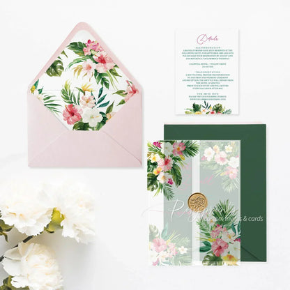 tropical pink flowers and greenery acrylic wedding invitations