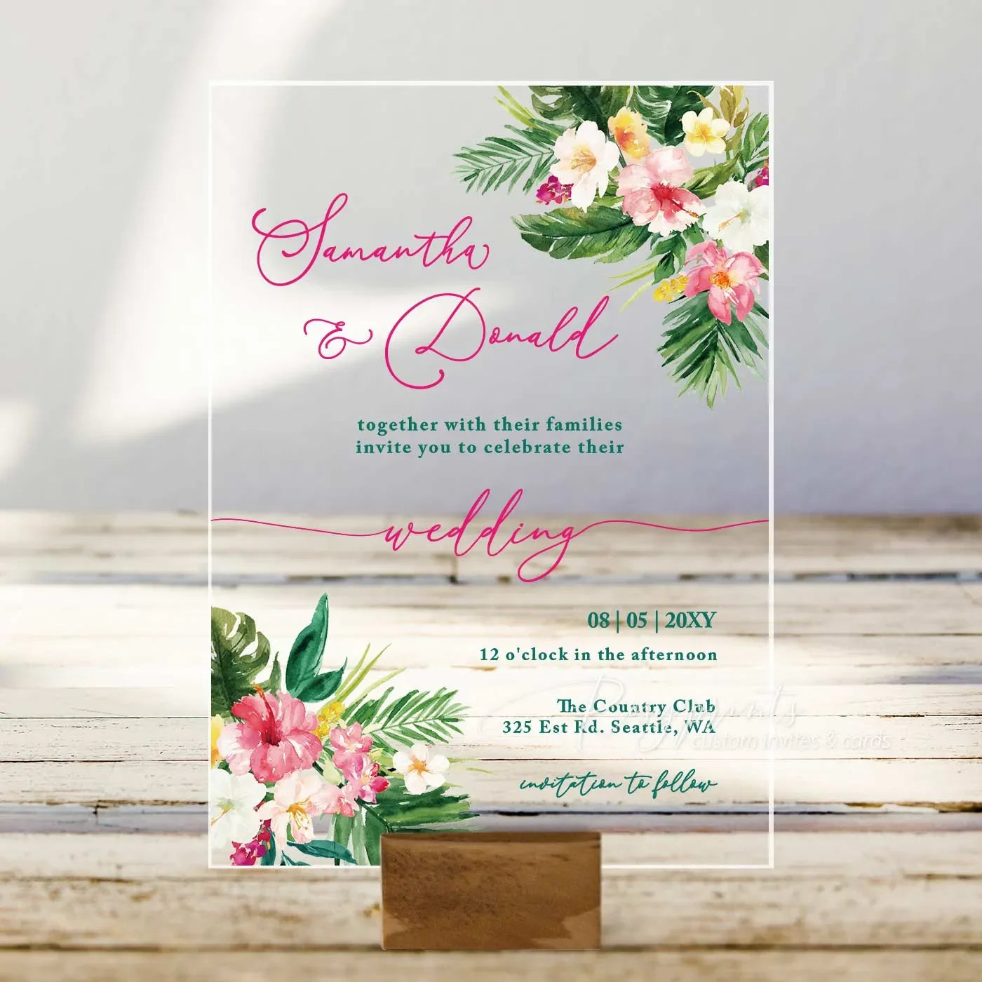 tropical pink flowers and greenery acrylic wedding invitations