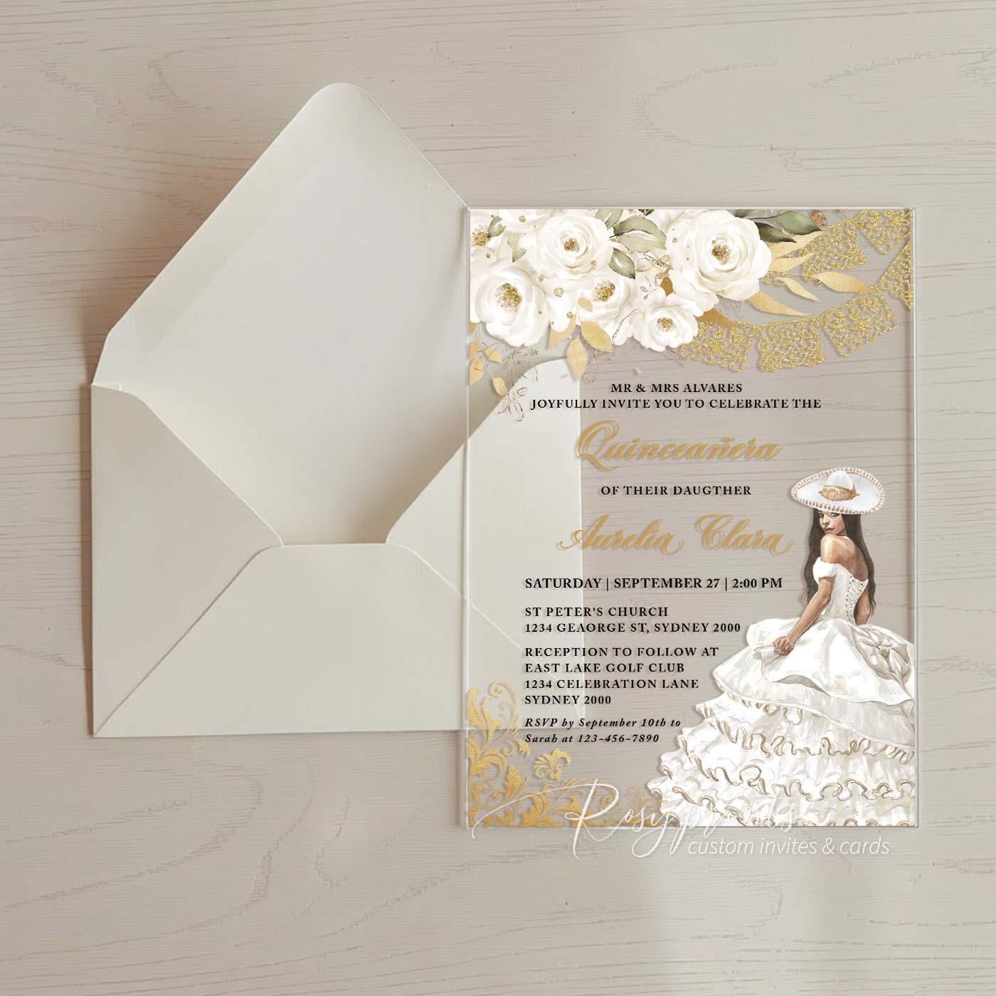 White and Gold Mexican Spanish acrylic quinceanera invitations