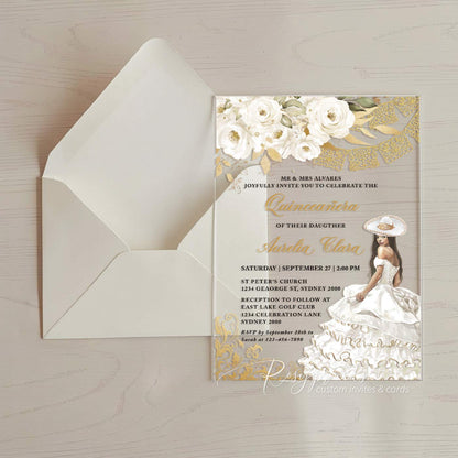 White and Gold Mexican Spanish acrylic quinceanera invitations
