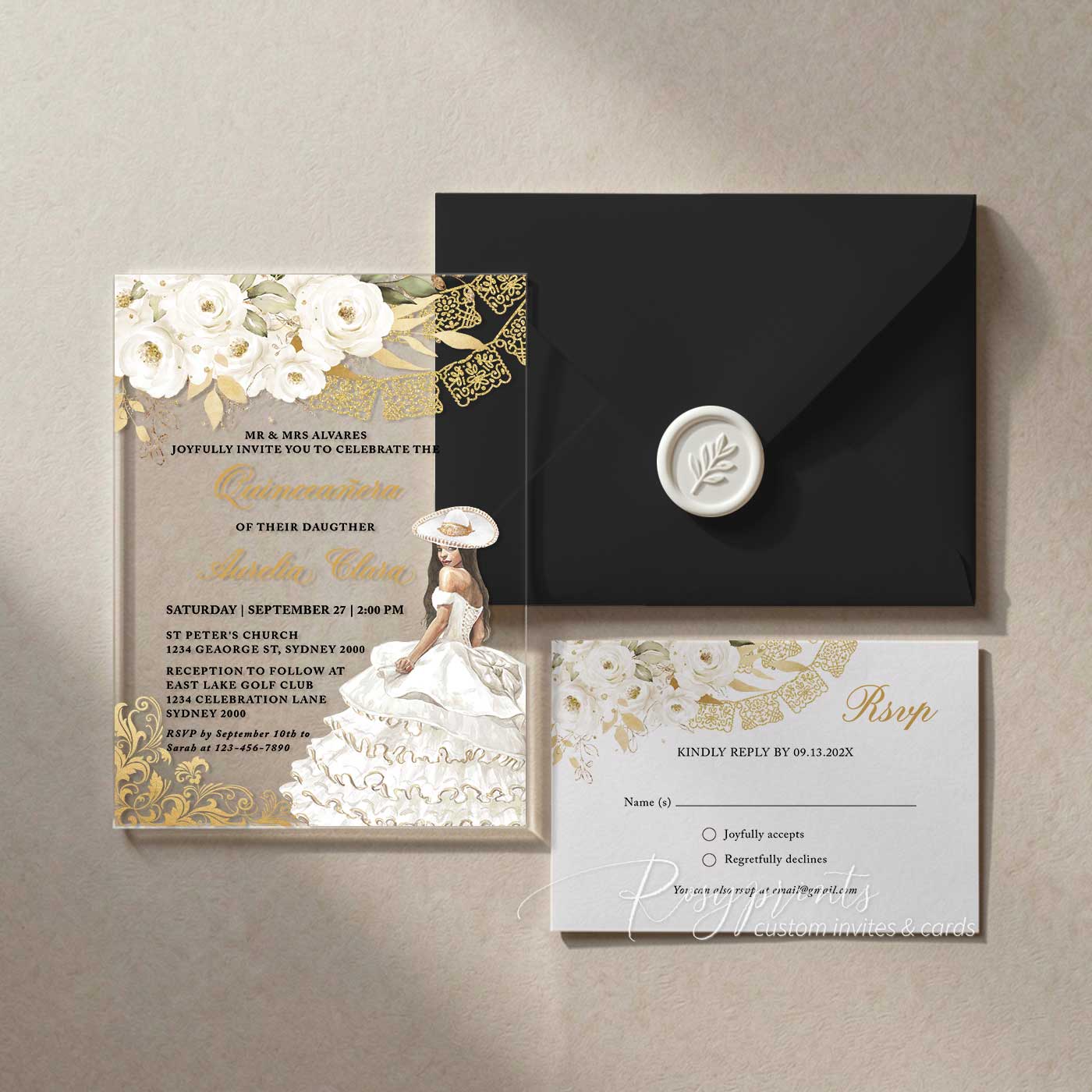 Mexican Spanish acrylic quinceanera invitations in black white and gold