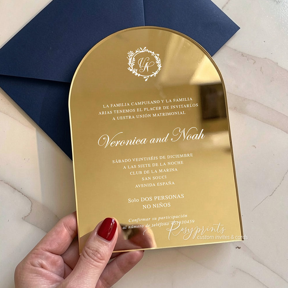 leaf monogram gold mirror arched acrylic wedding invitations