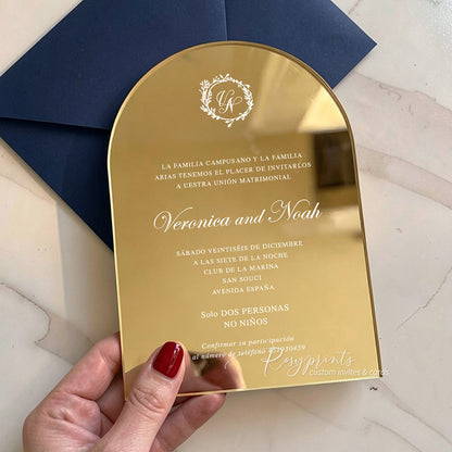 leaf monogram gold mirror arched acrylic wedding invitations
