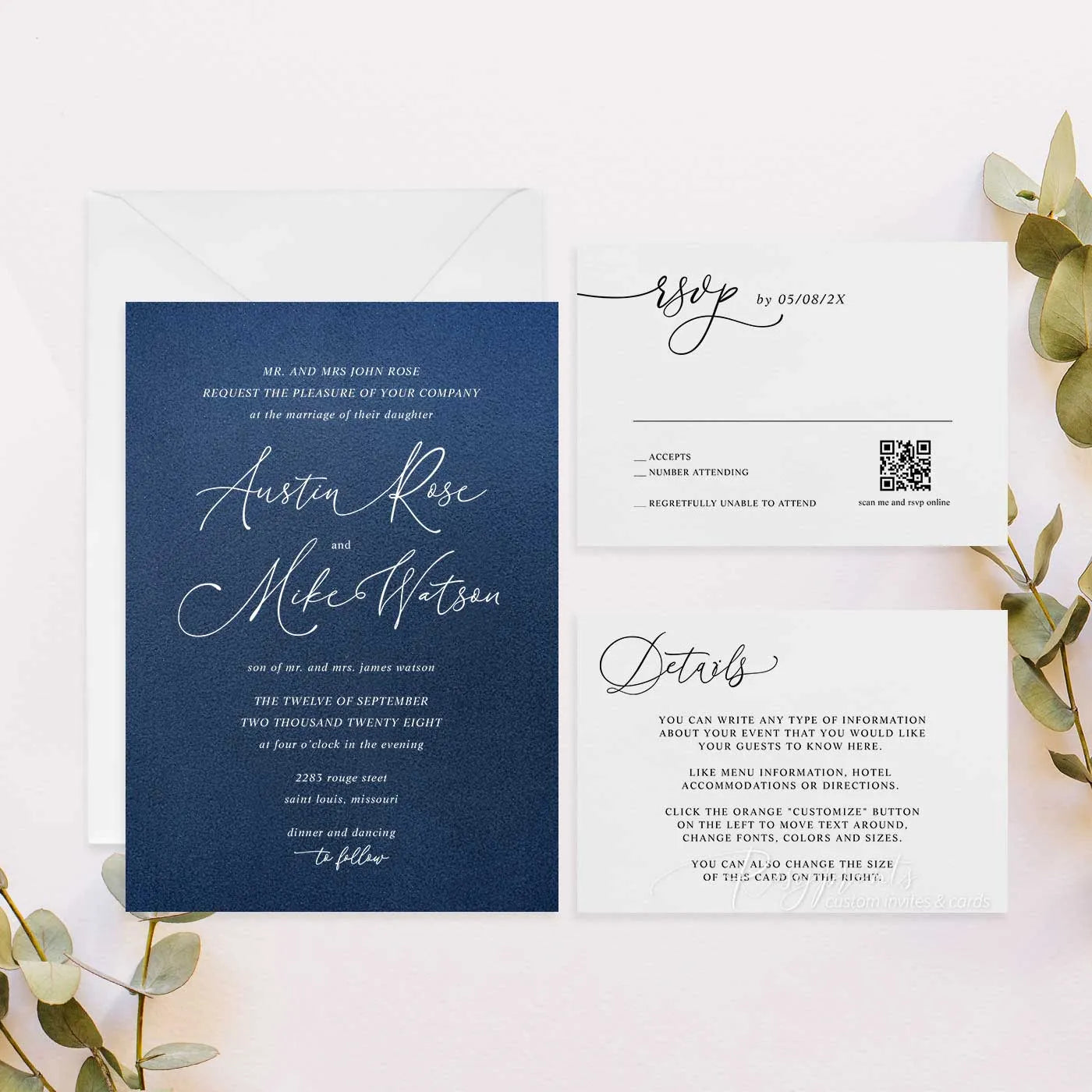 minimalist white ink navy blue wedding invitations