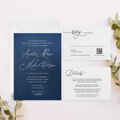 minimalist white ink navy blue wedding invitations