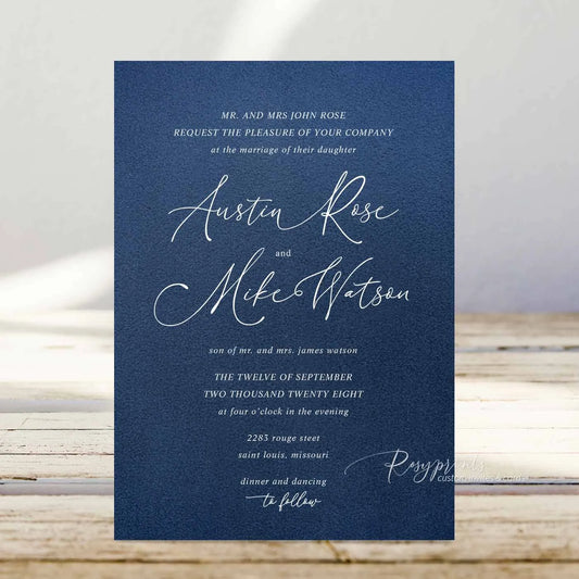minimalist white ink navy blue wedding invitations