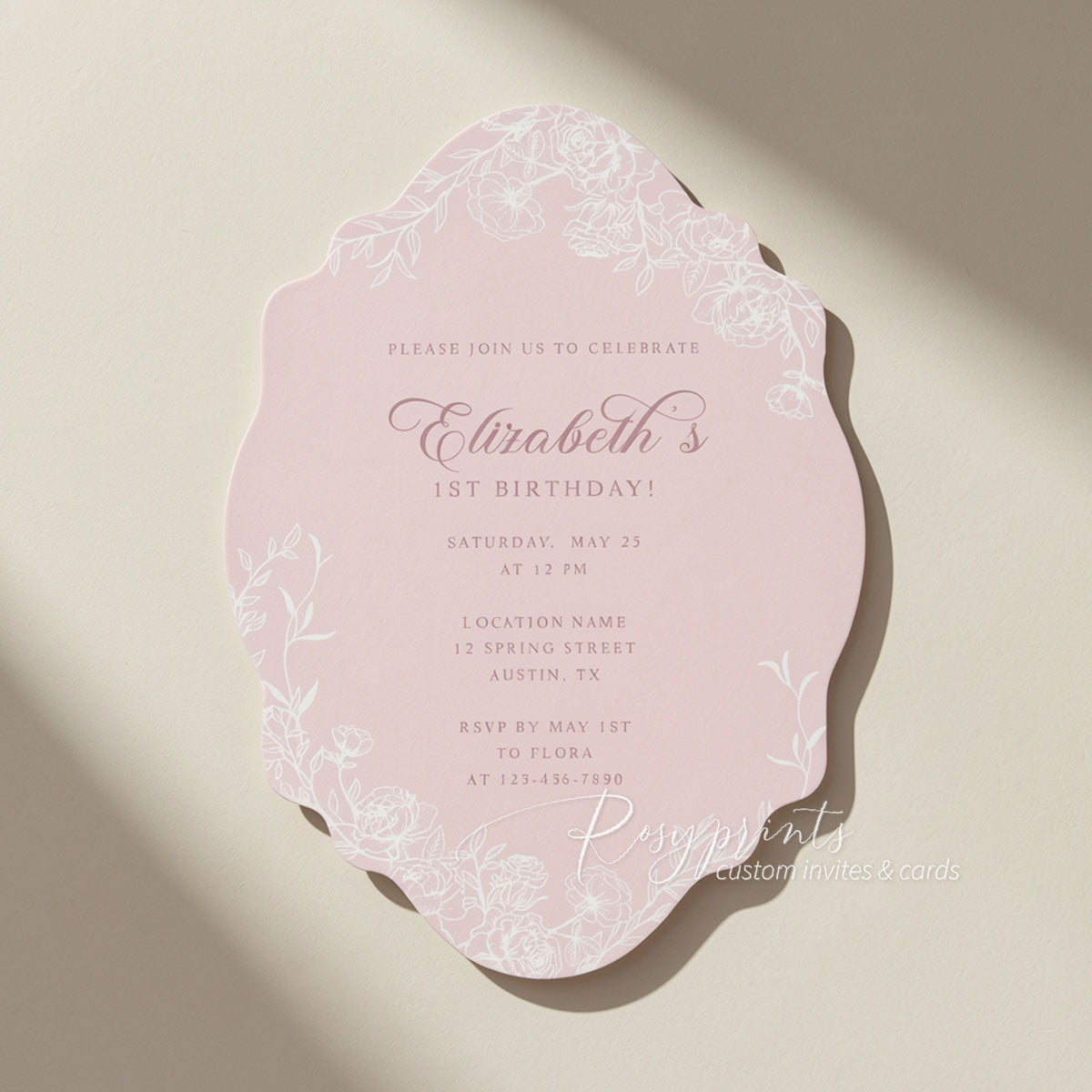baby pink peony floral shaped first birthday invitations