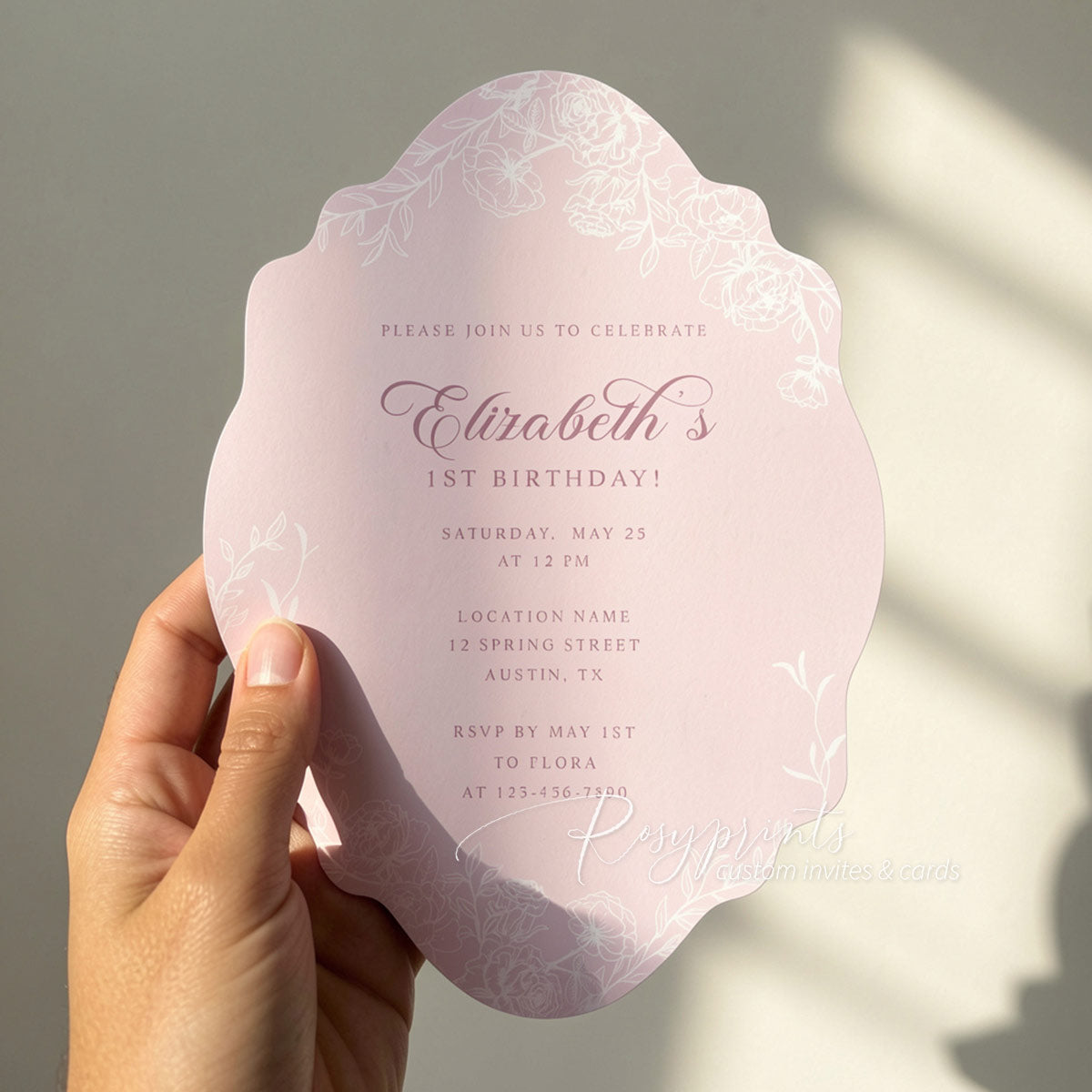 baby pink peony floral shaped first birthday invitations