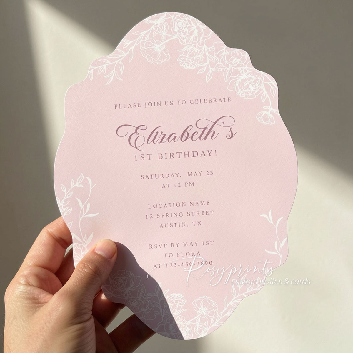 baby pink peony floral shaped first birthday invitations
