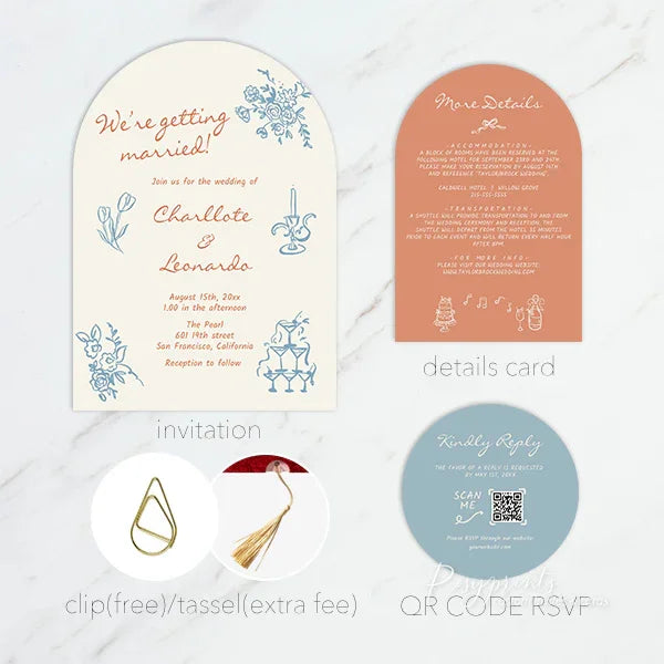 pastel orange and blue retro arched wedding invitations