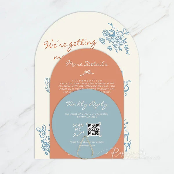 pastel orange and blue retro arched wedding invitations