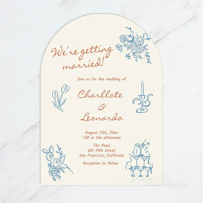 pastel orange and blue retro arched wedding invitations