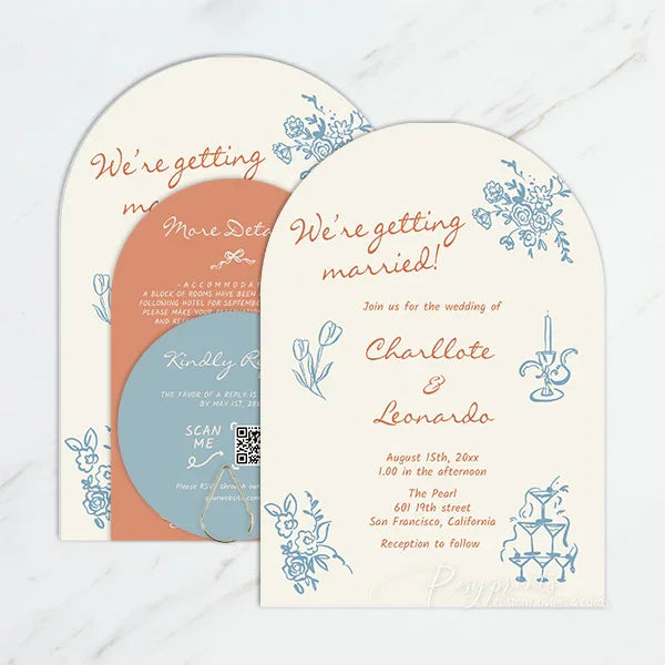 pastel orange and blue retro arched wedding invitations