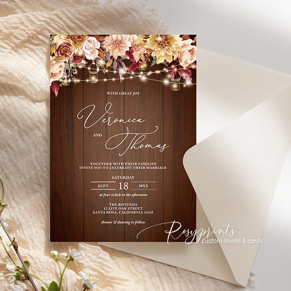 rustic barn fall floral mason jar autumn wedding invitations