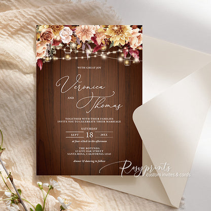 rustic barn fall floral mason jar autumn wedding invitations