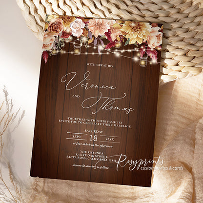 rustic barn fall floral mason jar autumn wedding invitations