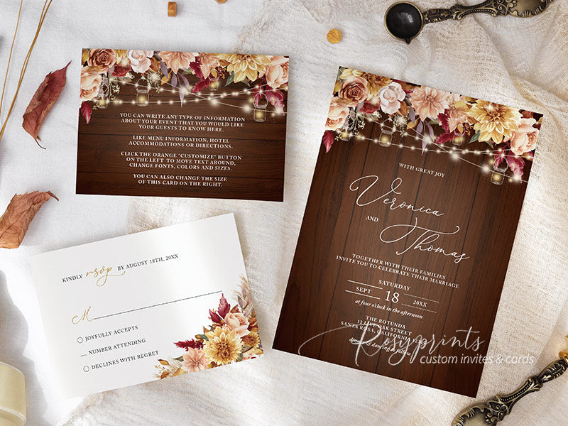 rustic barn fall floral mason jar autumn wedding invitations